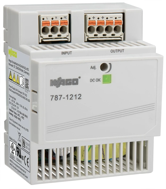 WAGO Compact Power Supply 787-1212, 1-Phase, Clocked Power Supply, DIN-rail Power Supply (DIN-rail), 24 VDC, 2.5 A, DC OK LED