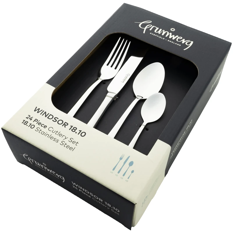 Grunwerg Windsor 24 Piece Boxed Mirror Cutlery Set, 18/10 Stainless Steel, 6 x Table Knives, Table Forks, Dessert Spoons, Teaspoons, Black