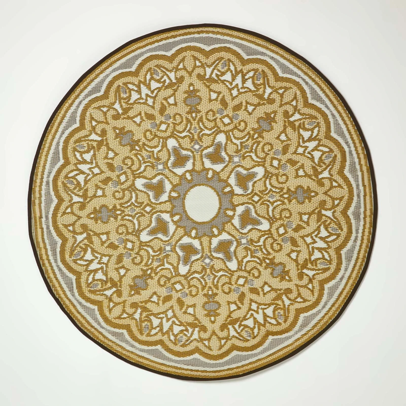 HOMESCAPES Luxury Round Outdoor Rug, Reversible & Seamless, Garden Rug for Patios Waterproof - 100% Recycled Plastic - Picnic Camping Backyard Grey & Yellow Indoor/Outside Carpet Mat, 180cm Circle