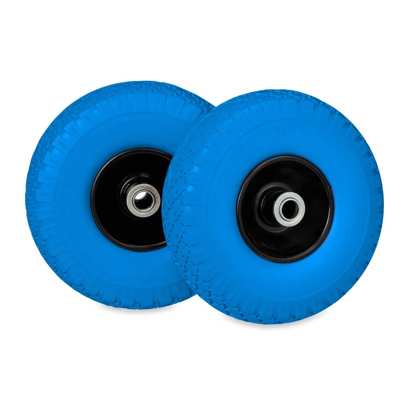 Relaxdays Wheelbarrow Wheel 3.00-4, Set of 2, Solid Rubber, Steel Rim, Puncture-Proof Hand Cart Tyre, 100 kg, Black/Blue, 3-4