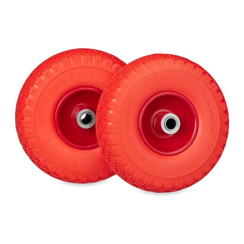 Relaxdays Wheelbarrow Wheel 3.00-4, Set of 2, Solid PU Rubber, Steel Rim, Puncture-Proof Hand Cart Tyre, 100 kg, Red, 3-4