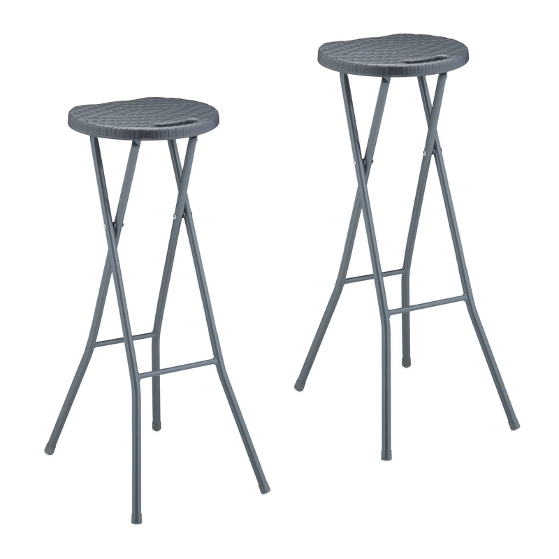 Relaxdays Barstool, 2x Set, Weave Design, Folding Garden Stool, Plastic, Steel, No Back, HxWxD: 80 x 34 x 45 cm, Grey