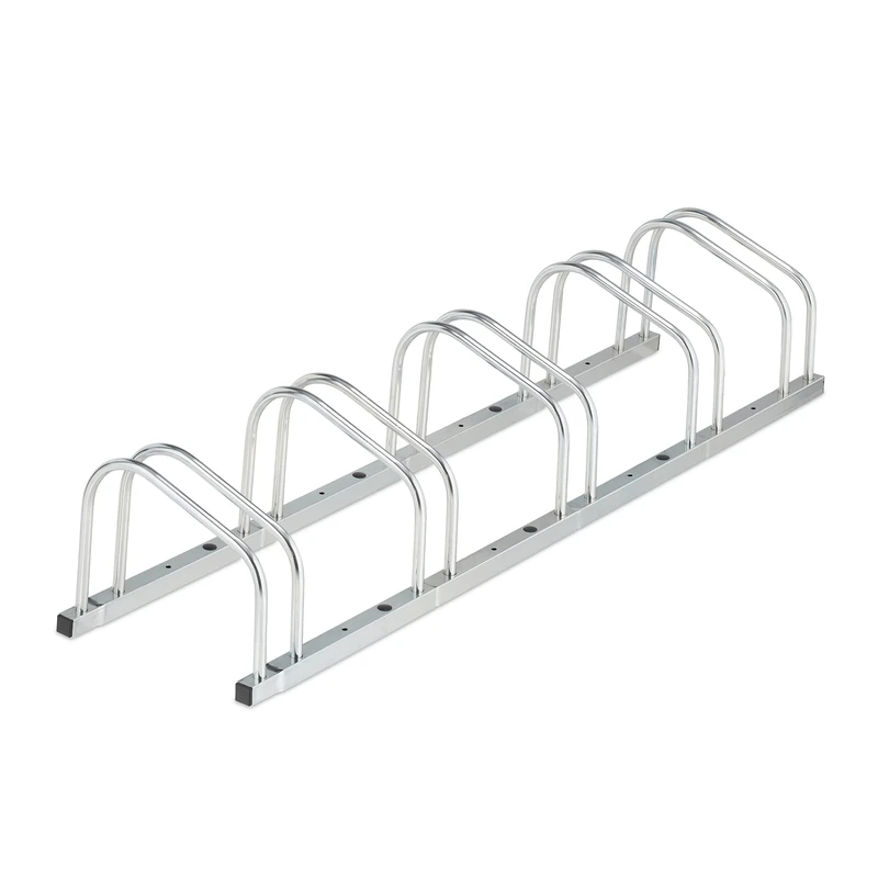 Relaxdays Floor Bike Rack, for 5 Bicycles, Wheel Width up to 50 mm, Metal, Outdoor Parking Stand, Garage, Steel, Silver, 26 x 136 x 33.5 cm