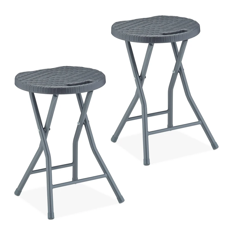 Relaxdays Folding Stool, Set of 2, Rattan Design, Garden & Balcony, Foldable Outdoor Chair, HxWxD: 46 x 32 x 29 cm, Grey - Image 1
