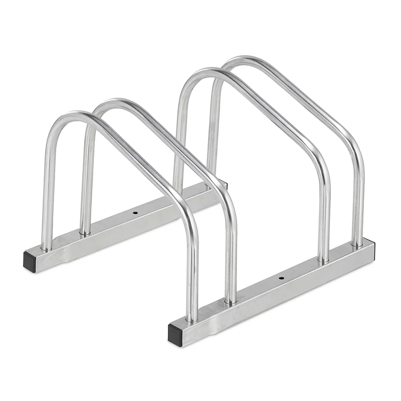Relaxdays Floor Bike Rack, for 2 Bicycles, Wheel Width up to 50 mm, Metal, Outdoor Parking Stand, Garage, Steel, Silver