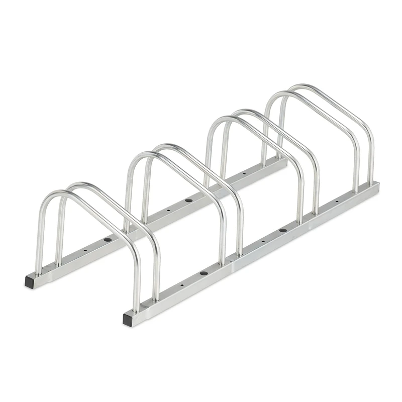 Relaxdays Floor Bike Rack, for 4 Bicycles, Wheel Width up to 50 mm, Metal, Outdoor Parking Stand, Garage, Steel, Silver, 26 x 103 x 33.5 cm