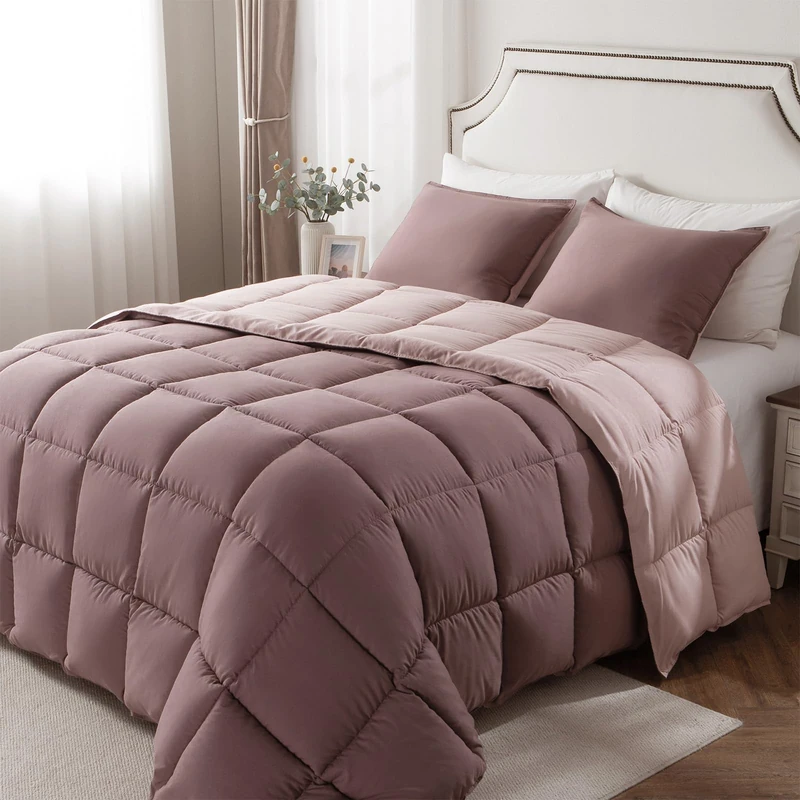 KASENTEX Plush Purple Comforter - Soft Warm Microfiber Down Alternative with Box Stitch Design - Cozy Bedding Duvets - Hypoallergenic Machine Washable Bedding, Twin, Twilight Mauve/Pale Mauve