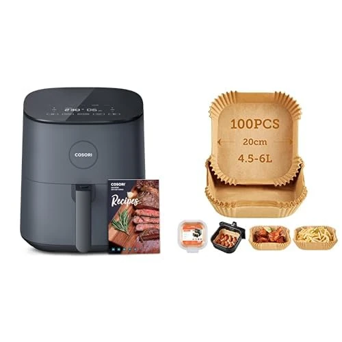 COSORI Air Fryer 4.7L, 30 Recipes Cookbook, Quiet, 4 Portions, 1500W & COSORI Air Fryer Liners, 100 PCS Unbleached Non-Stick Square Disposable Airfryer Paper Liner, 7.9 inch for 4.5 to 6L