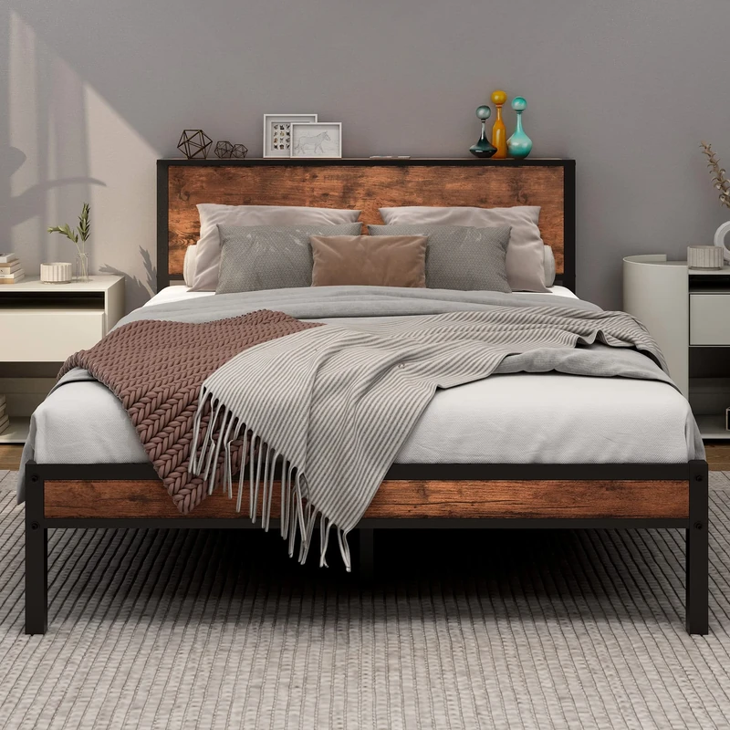 DUMEE Double Bed Frame with Wooden Storage Shelf Headboard, Metal Platform Bed Frame Double, No Box Spring Needed, Noise Free, Reinforced Strong Support Leg, Textured Black&Brown Oak1