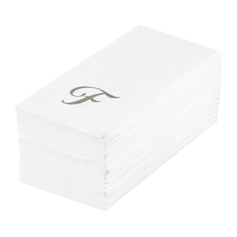 Luxenap 15.8 X 7.9 Inch Linen-Feel Guest Towels, 2000 Lettered Hand Towels - Silver Letter 'F', Cursive Font, White Paper Dinner Napkins, airlaid, for Restrooms and Tables - Restaurantware