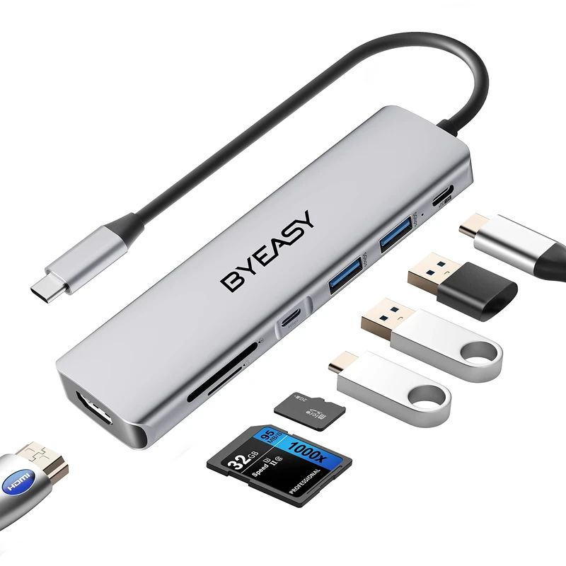 BYEASY USB C Hub, 7 in 1 USB C Splitter with 4K HDMI, SD/TF Card Reader, 100W Power Delivery, 0.71ft Cable Ultra Slim USB Adapter Compatible for Laptop and Other Type C Devices