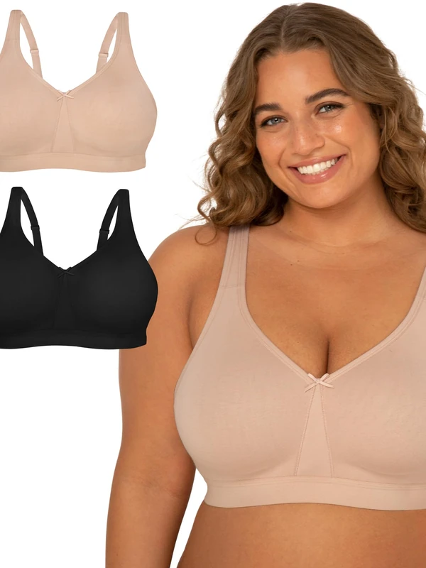Fruit of The Loom Women's Plus Size Wireless Cotton Bra, Sand/Black Hue, 46DD