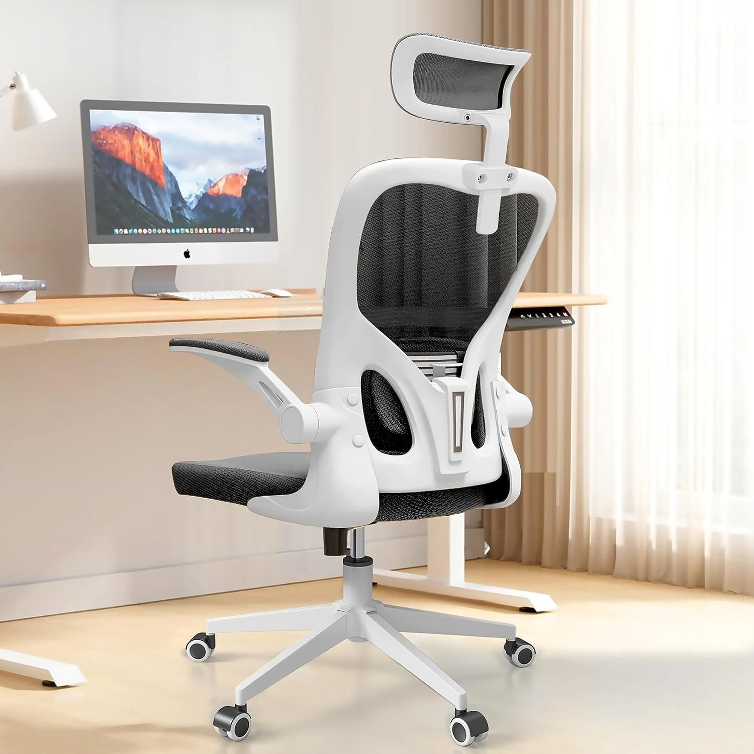 Monhey Office Chair Ergonomic Desk Chair with Lumbar Support&Headrest&Flip-up Arms Height Adjustable Rocking Swivel High Back Computer Chair Warm Taupe Mesh Study Chair (03White+Black)