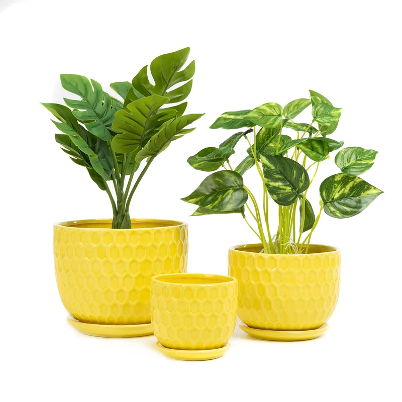 Nattol Yellow Ceramic Flower Pots with Saucers, Modern Round Ceramic Succulent Plant Pots with Honeycomb Inspired Texture Design, Small to Medium Sized, Set of 3