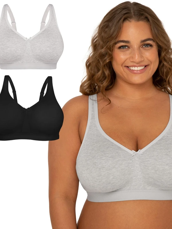 Fruit of the Loom Women's Plus-Size Wireless Cotton Bra Full Coverage, Opaque, Heather Grey/Black Hue, 44E (Pack of 2)