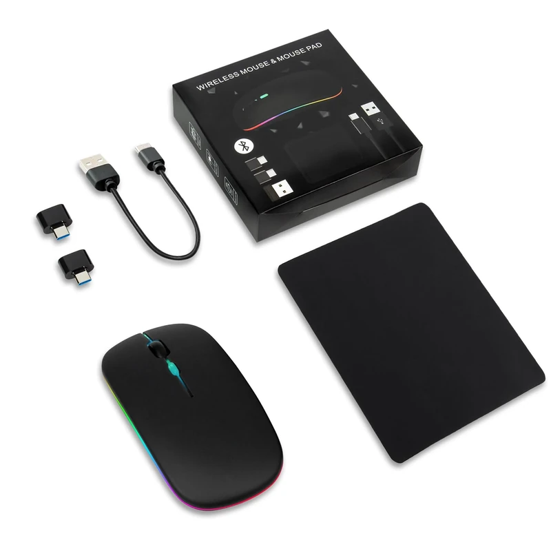 Wireless Bluetooth Mouse With Mouse Pad, Rechargeable, LED, Silent, Ultra-thin Design (Bluetooth 5.2 and 2.4GHz USB Receiver) | Portable Computer Mouse for Laptops, iPads, MacBooks and Apple Devices