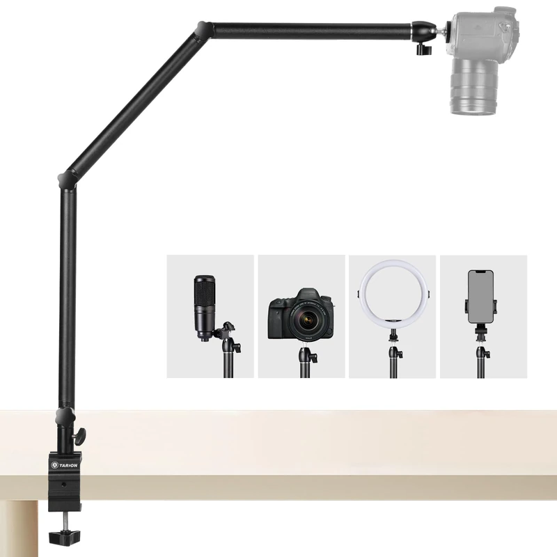 TARION Camera Desk Mount Stand - Overhead Camera Articulating Arm Adjustable Heavy Duty Tabletop DSLR Stand with 1/4" Screw Ballhead C Clamp for Photography Videography Live Streaming TKB01