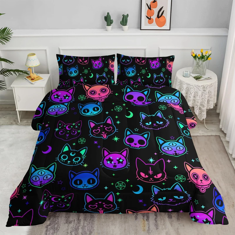 Axolotl Cat Comforter Set Queen,Kawaii Trippy Cat Moon Stars Bedding Set with 1 Comforter 2 Pillowcases for Kids Boys Girls Teens Adults Room Decor All Season,Colorful Neon Trippy Bed Set