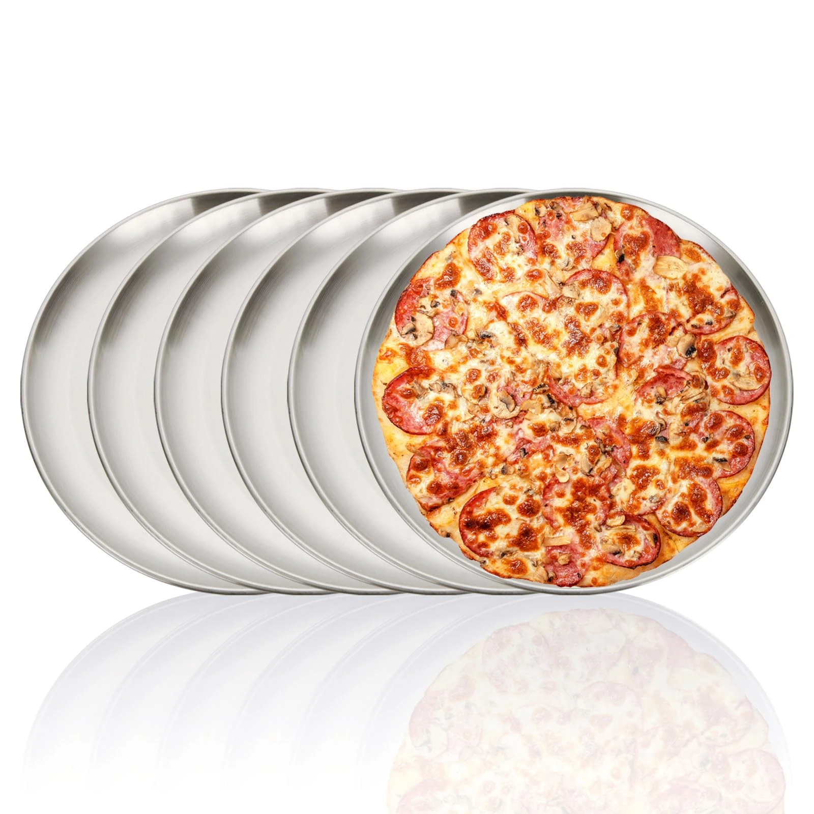 SHUESS 6 pcs Stainless Steel Pizza Oven Trays - 12 Inch Pizza Baking Pan - Round Baking Trays - Non-Stick Pizza Trays for Oven, Healthy and Durable, Dishwasher Safe