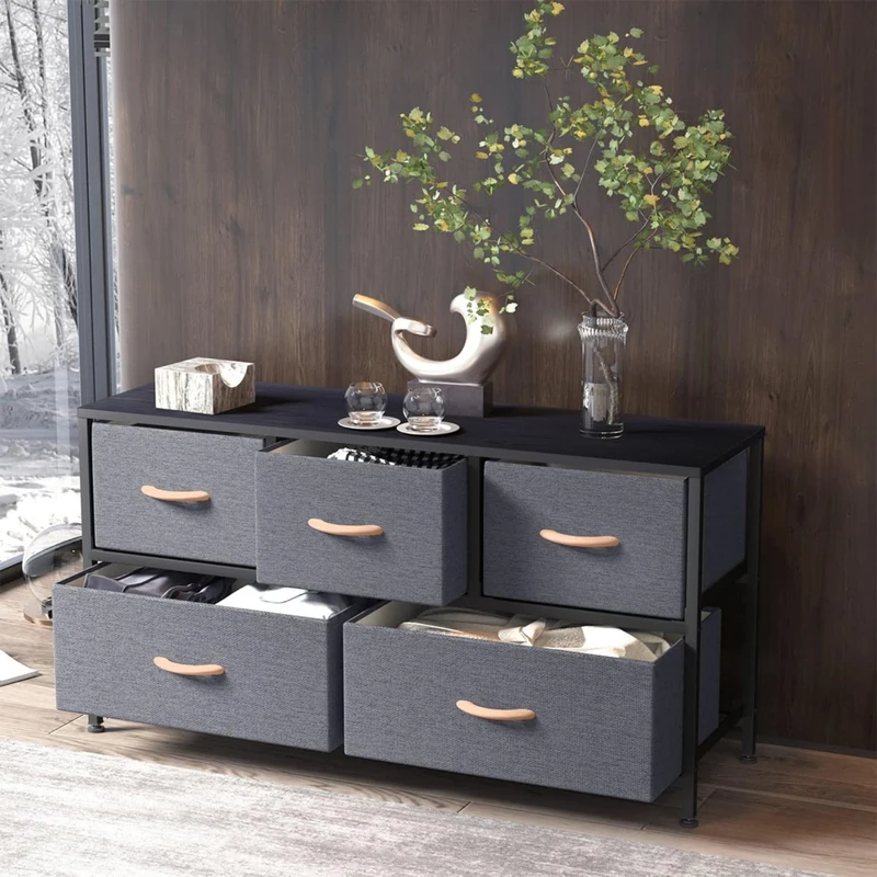 KU Syang Chest of Drawers, Dresser with 5 Drawers, Modern Fabric Drawers Storage Organizer Unit for Living Room, Hallway, Wood MDF Top and Metal Frame Dark Grey