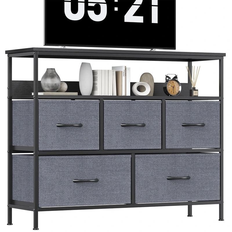 KU Syang 5-Drawer Chest of Drawers with TV Stand | Heavy-Duty Steel Frame & Scratch-Resistant MDF Top | Multi-Functional Storage Unit with Fabric Drawers for Bedroom & Living Room Hallway Black