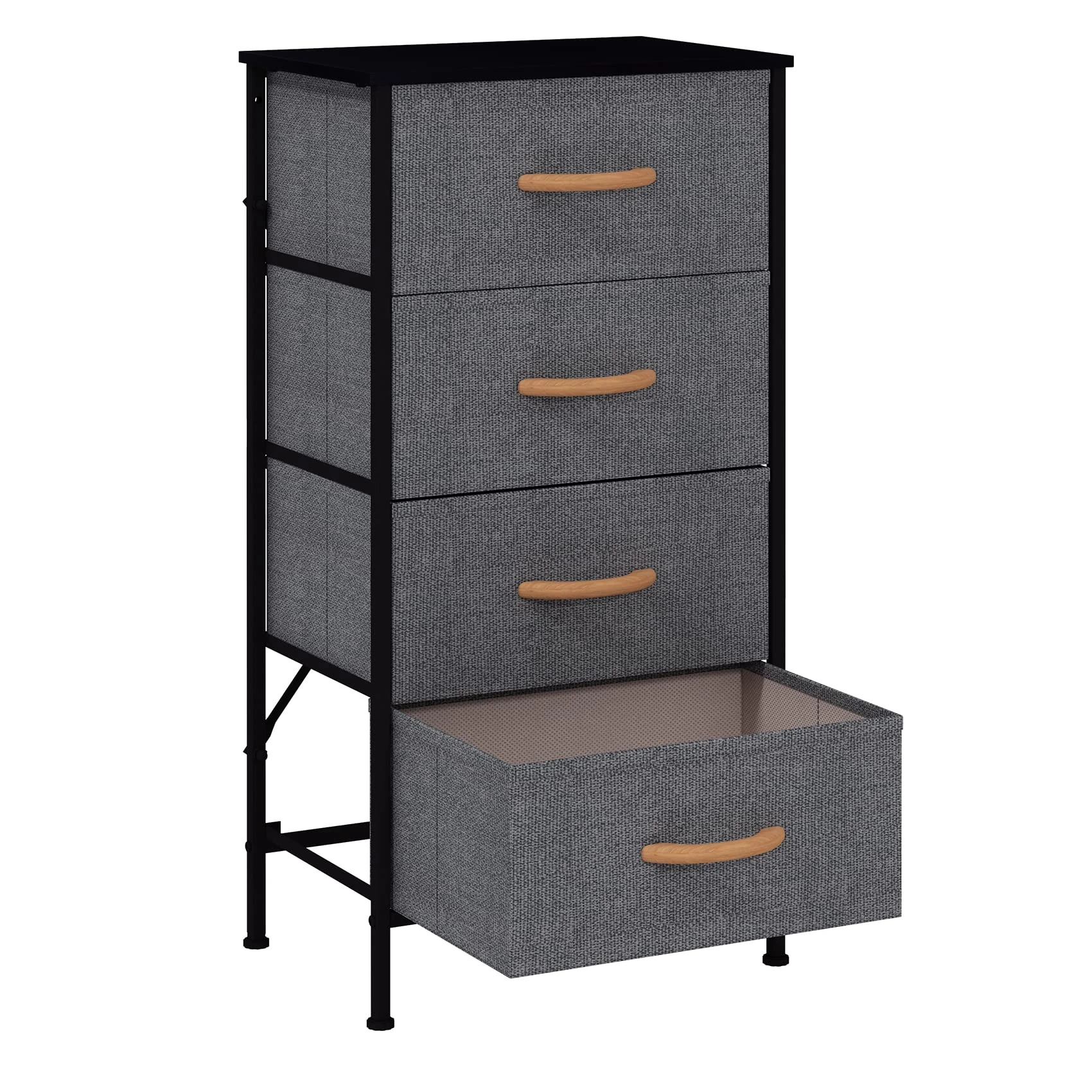 KU Syang Dresser with 4 Drawers - Fabric Chest of Drawers with Large Storage Space, Modern Tall Tower Unit Storage Organiser for Living Room/Bedroom, Wooden Top and Metal Frame (Black/Grey)
