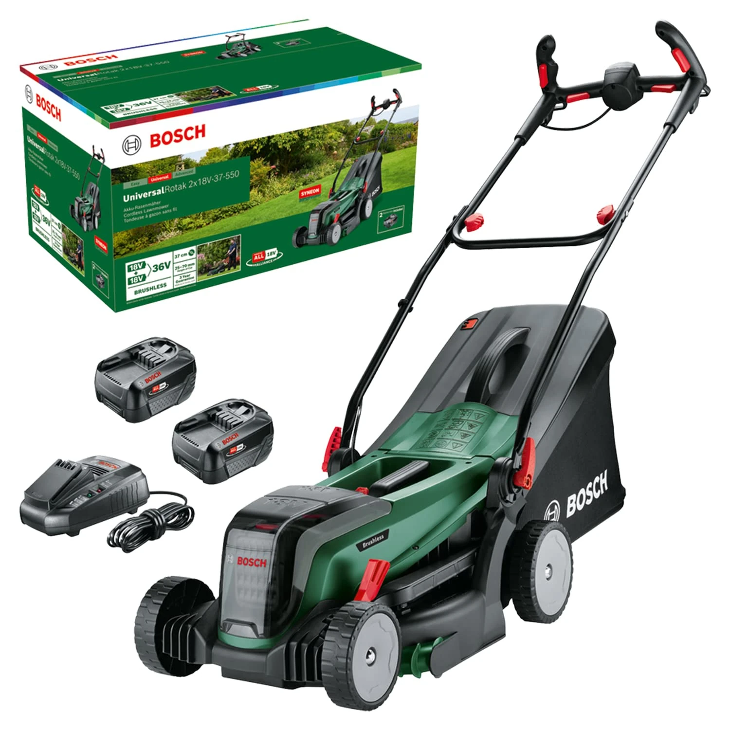 Bosch Cordless Lawnmower UniversalRotak 2x18V-37-550 (up to 500 m2 with 2 x 4.0 Ah Batteries; 18 Volt System; Cutting Width: 37 cm; 2 x 18V 4.0 Ah Batteries and Charger)