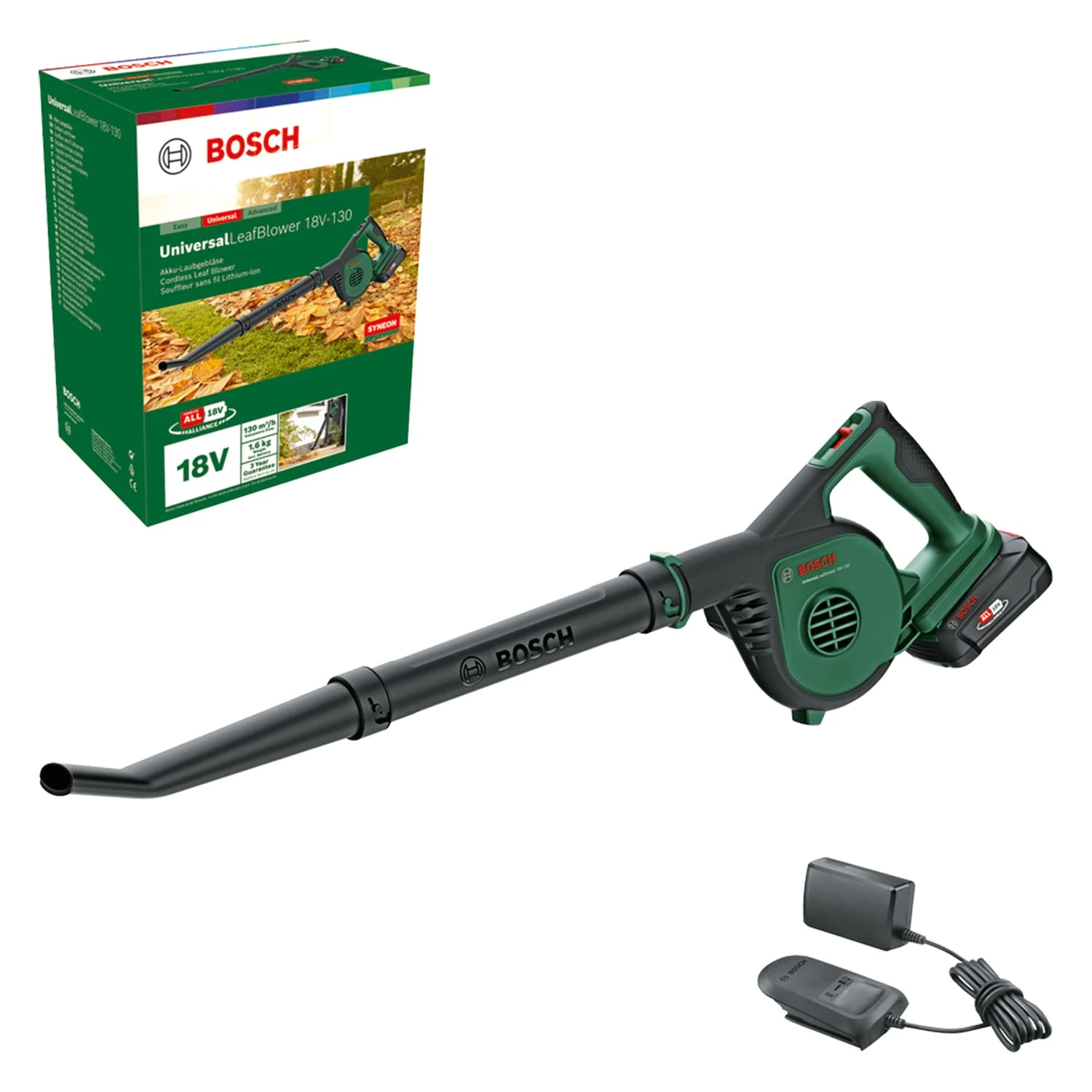 Bosch Cordless Leaf Blower UniversalLeafBlower 18V-130 (for Fast and Easy Outdoor Clearing; 18 Volt System; 1x 2.5Ah Battery and Charger)