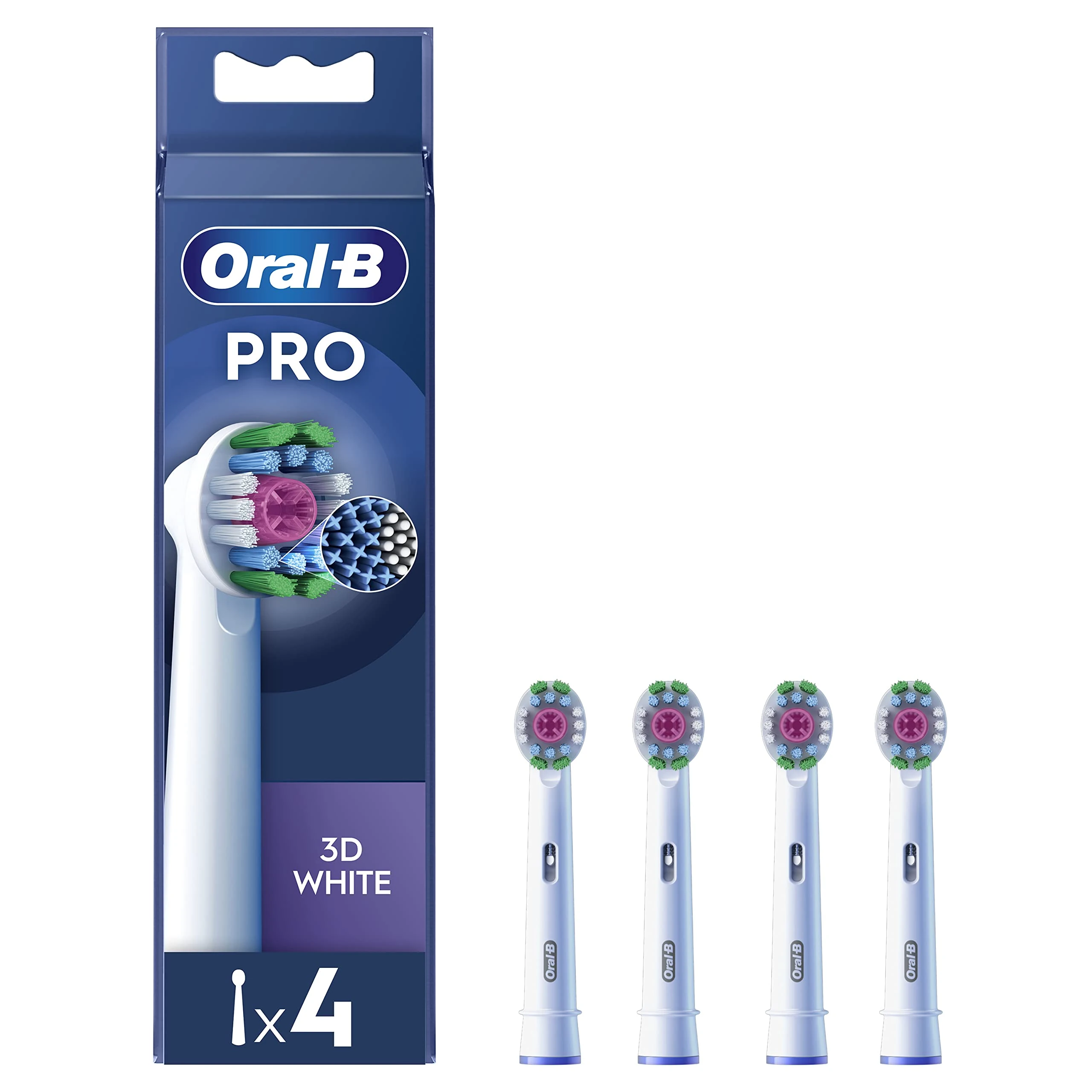 Oral-B Pro 3D White Electric Toothbrush Head, X-Shaped Bristles and Unique Polishing Cup for Teeth Whitening and to Remove Surface Stains, Pack of 4 Toothbrush Heads, White