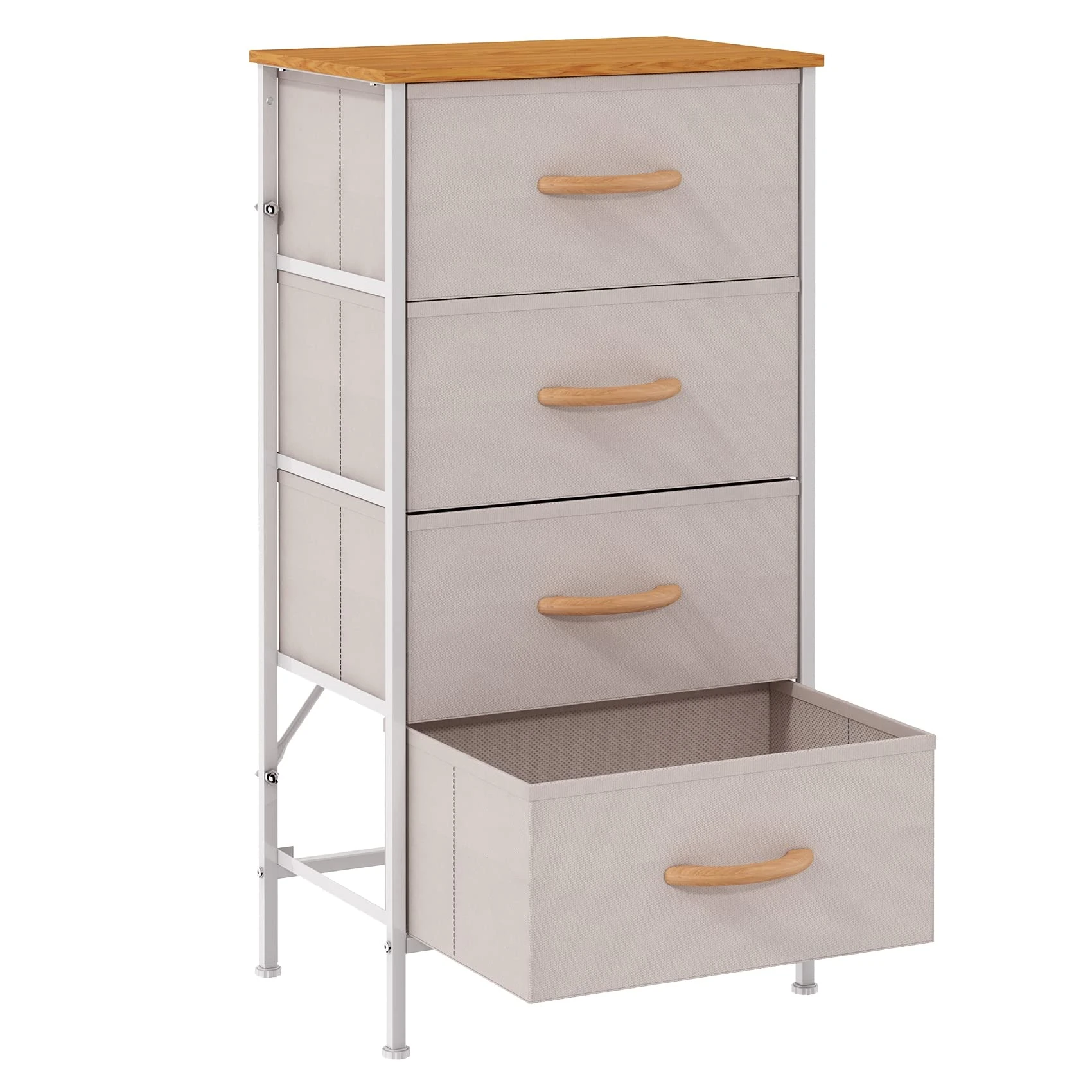 KU Syang Dresser with 4 Drawers - Fabric Chest of Drawers with Large Storage Space, Modern Tall Tower Unit Storage Organiser for Living Room/Bedroom, Wooden Top and Metal Frame (Light Khaki)