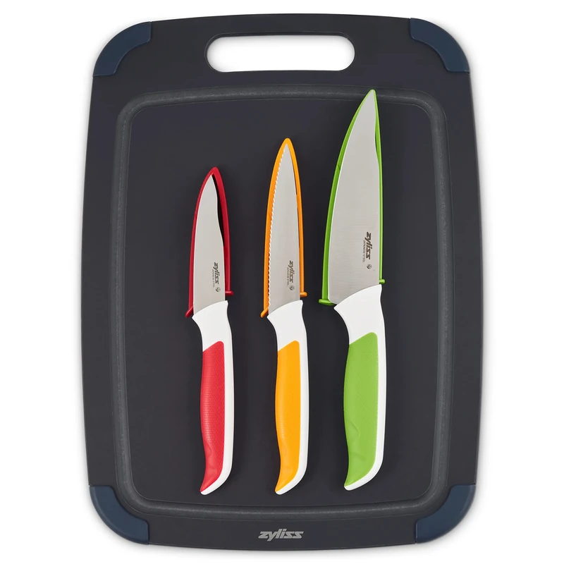 Zyliss E910068 Cutting Board Knife Set, Board Made from Recycled Wood Fibre 37cm x 27cm, Includes Paring Knife, Serrated Paring Knife and Utility Knife for Chopping Vegetables/Fruit, Dishwasher Safe