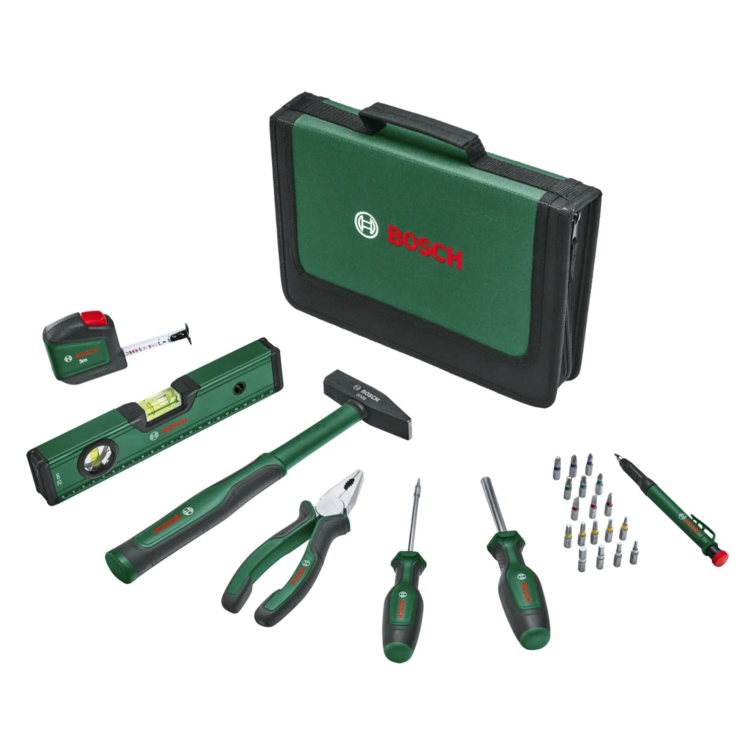 Bosch Universal Hand Tool Set 25-Piece (Versatile Tool Kit for General Purpose DIY Around The Home; Combination Pliers; Tape Measure; Spirit Level, 300g Hammer and More)