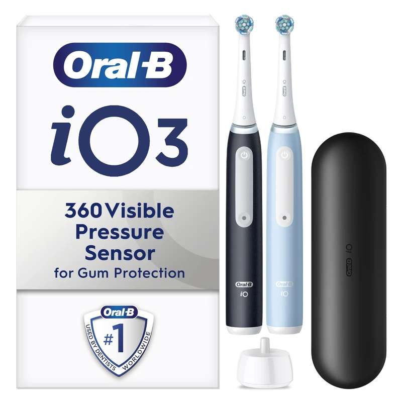 Oral-B iO3 2X Electric Toothbrushes For Adults, Gifts For Her / Him, 2 Toothbrush Heads and 1 Travel Case, 3 Modes With Teeth Whitening, 2 Pin Plug, Black and Blue
