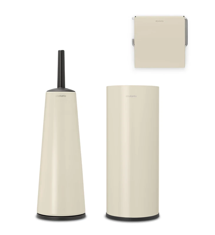 Brabantia - ReNew Toilet Accessory Set - Toilet Brush & Holder, Roll Holder & Roll Dispenser - Hygienic Brush - Corrosion Resistant - Fixing Materials Included - Bathroom Set of 3 - Soft Beige