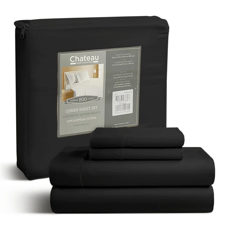 Egyptian Cotton King Size Sheet Set, 800 Thread Count Sateen Weave Hotel Collection King Sheets Deep Pockets, Soft & Comfy Cotton Bed Sheets Fits Upto 17", No Pill & Shrink - Black