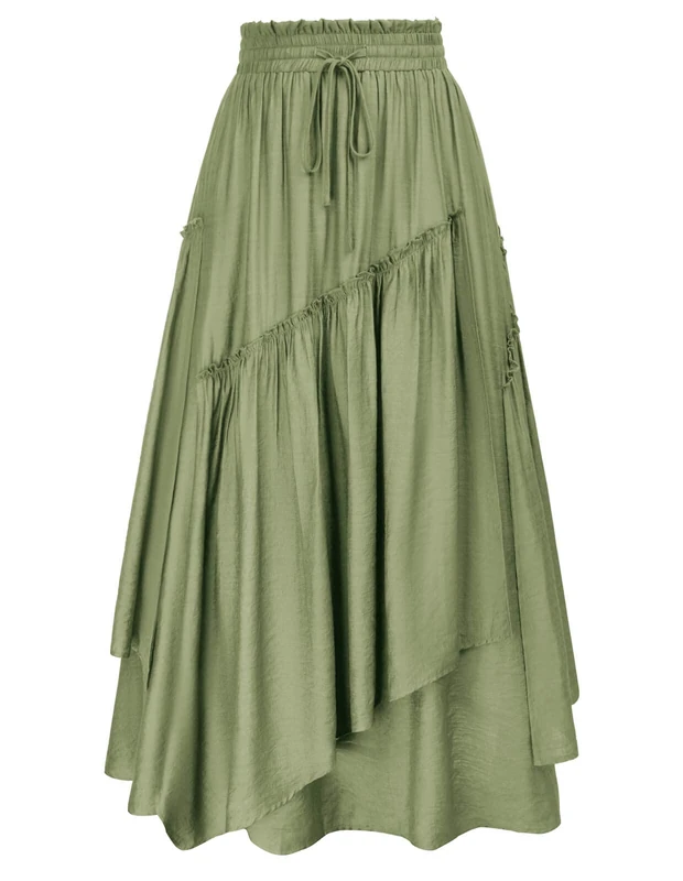 SCARLET DARKNESS Women Renaissance Layered Long Skirt Elastic High Waist Tiered Skirt with Pockets, Light Green, XL