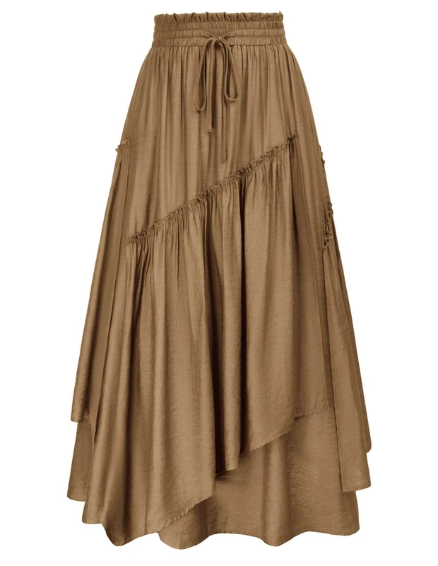 SCARLET DARKNESS Women Renaissance Layered Long Skirt Elastic High Waist Tiered Skirt with Pockets, Khaki, XXL