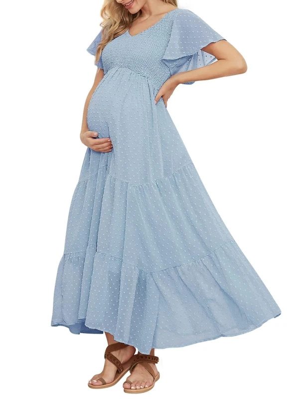 guruixu Swiss Dot Maternity Dress, V Neck Ruffle Sleeve Maternity Dresses for Photoshoot Baby Shower, Smocked Tiered Pregnancy Dress, Light Blue, XXL