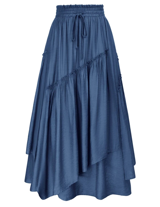 SCARLET DARKNESS Women Renaissance Layered Long Skirt Elastic High Waist Tiered Skirt with Pockets, Denim Blue, XL