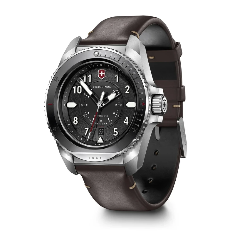 Victorinox Journey 1884 Watch with Black Dial and Brown Leather Strap Set with Pouch, Black, 43 mm - Image 1
