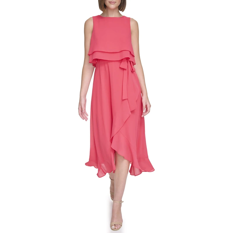 Jessica Howard Women's Popover Midi Chiffon Sleevless-Guest of Wedding Dress Casual Night, Cherry, 18
