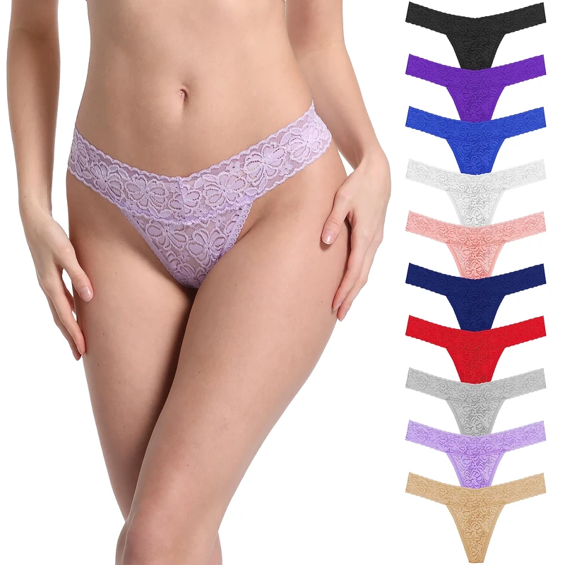 10 Pieces T Back Low Waist See Through V Shape Panties Underwear Lace Cotton Thongs XSmall-4XLarge, 10 Pieces Bright Lace Thongs, M