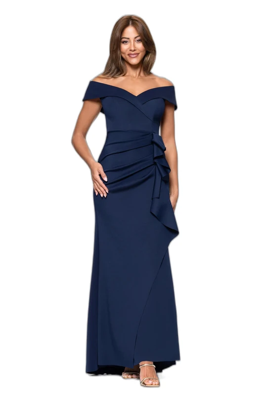 Xscape Women's Long Off Shoulder Sweetheart Neck Side Ruffle Gown (Reg and Petite), Midnight, 16