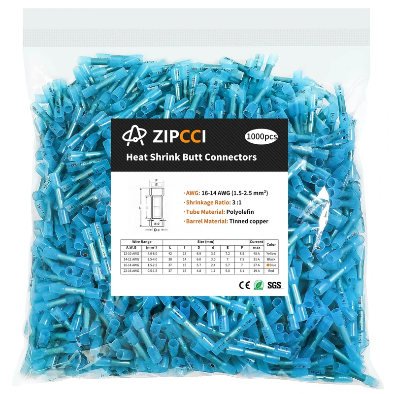 ZIPCCI 1000Pcs 16-14 AWG Blue Heat Shrink Butt Connectors, Marine Grade Insulated Splice Electrical Connectors, Waterproof Wire Connectors Terminals for Marine Crimp, Boat, Cable, Automotive