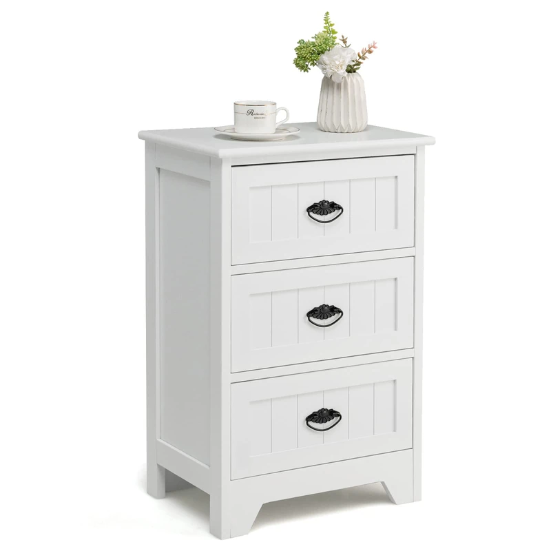 CASART Bedside Table, 3-Drawer Nightstand with Anti-toppling Device & Metal Handles, 4-Tier Sofa Side Table Chest of Drawers for Living Room Bedroom Study (White)