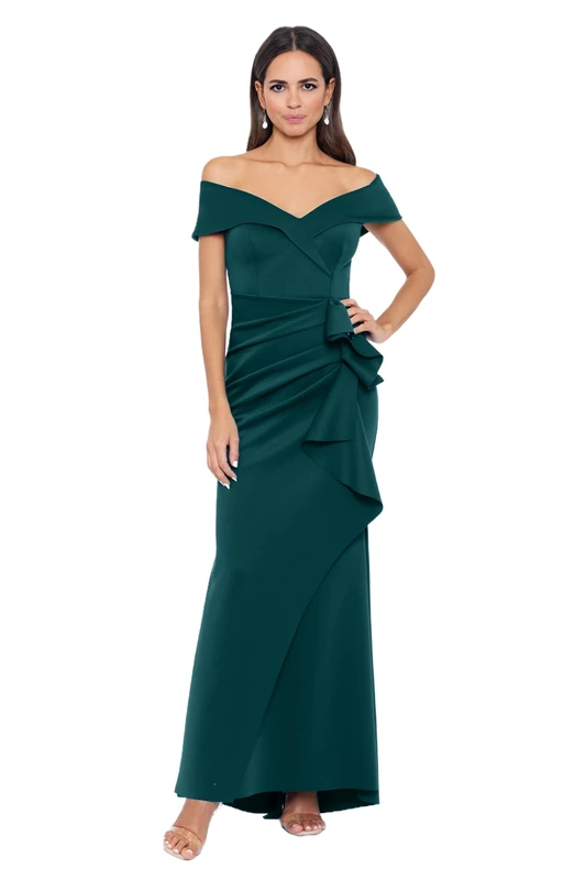 Xscape Women's Long Off Shoulder Sweetheart Neck Side Ruffle Gown (Reg and Petite), Hunter, 14