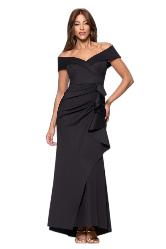 Xscape Women's Long Off Shoulder Sweetheart Neck Side Ruffle Gown (Reg and Petite), Black, 10