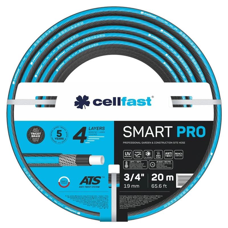 Cellfast SMART PRO ATS 4 Layer Garden Hose ATS Tricot Fabric Flexible Kink-Resistant UV and Algae Resistant (1/2 inch 20m) (3/4" 20m)
