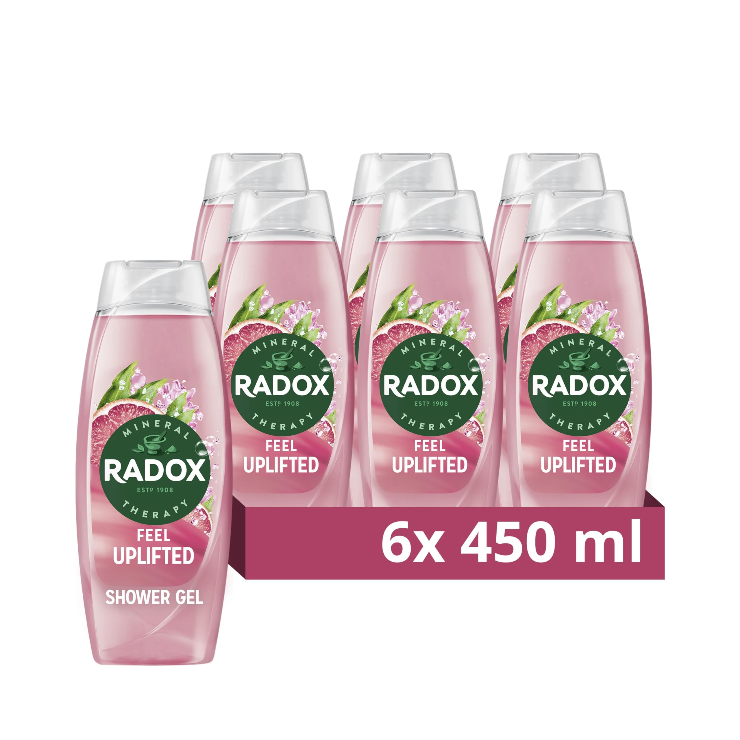 Radox Feel Uplifted Body Wash shower gel with a grapefruit & ginger fragrance for a refreshing shower experience 6x 450 ml