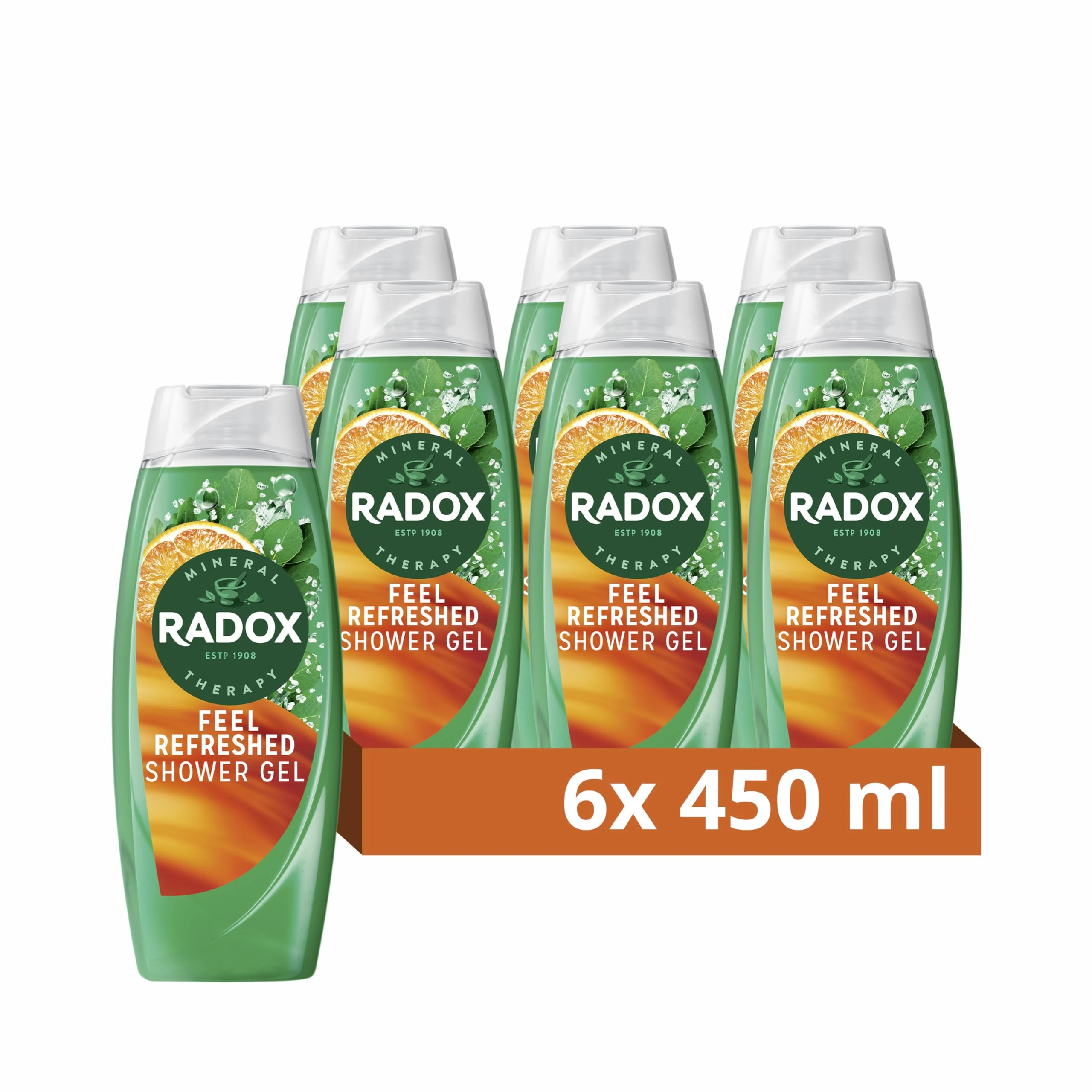 Radox Mineral Therapy Feel Refreshed body wash shower gel with a eucalyptus & citrus fragrance for a refreshing shower experience 6x 450 ml,Green
